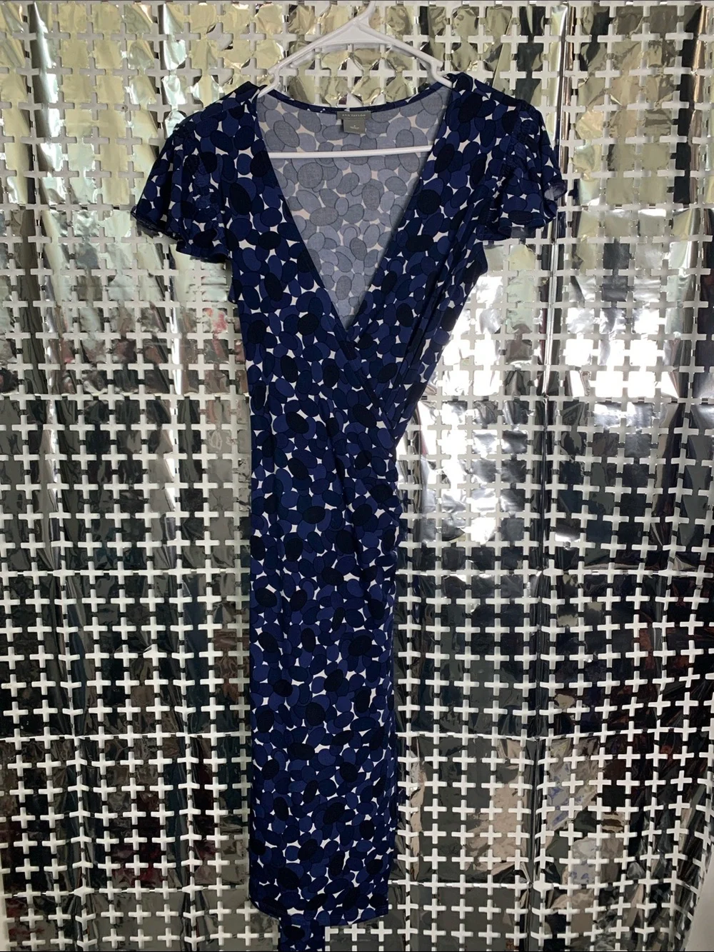 Ann Taylor Navy and White Floral-Pattern Wrap Dress